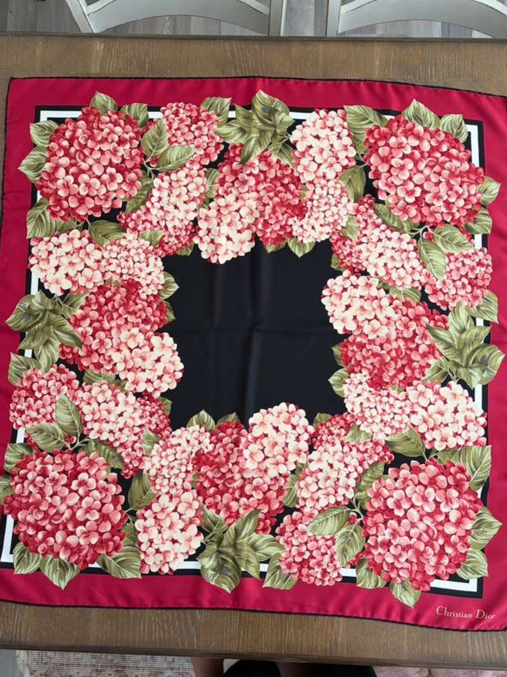 Dior Silk Scarf Red Black Floral Hand Rolled